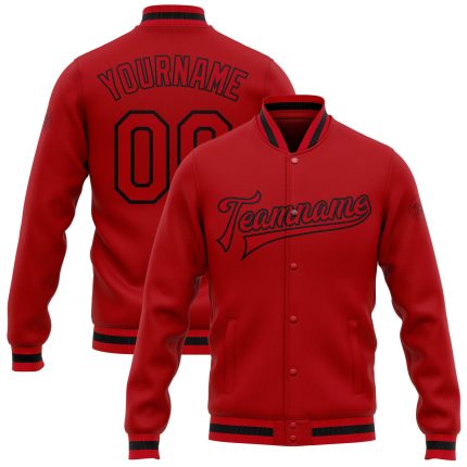 Custom Red Black Bomber Varsity Jacket Full-Snap Letterman Style Custom Red Red-Black Bomber Full-Snap Varsity Letterman