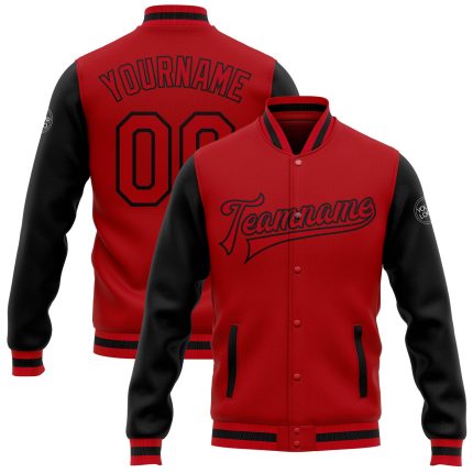 Custom Red Black Two Tone Varsity Letterman Bomber Jacket Full-Snap Custom Red Red-Black Bomber Full-Snap Varsity Letterman