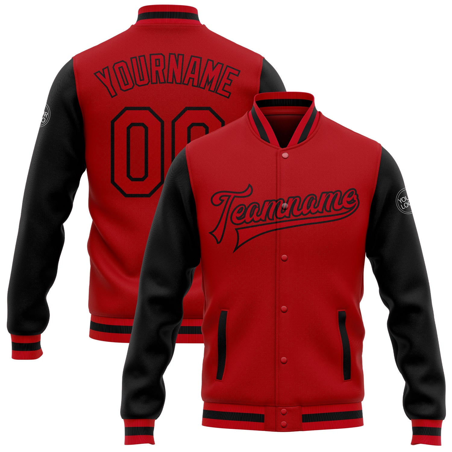 Custom Red Black Two Tone Varsity Letterman Bomber Jacket Full-Snap Custom Red Red-Black Bomber Full-Snap Varsity Letterman