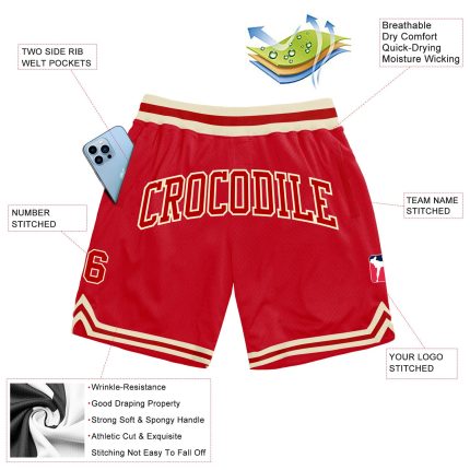 Custom Red-Cream Authentic Basketball Shorts | Throwback Style Sportswear Custom Red Red-Cream Authentic Throwback Basketball