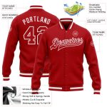 Custom Red White Varsity Letterman Bomber Jacket Full-Snap Mens Outerwear Custom Red Red-White Bomber Full-Snap Varsity Letterman