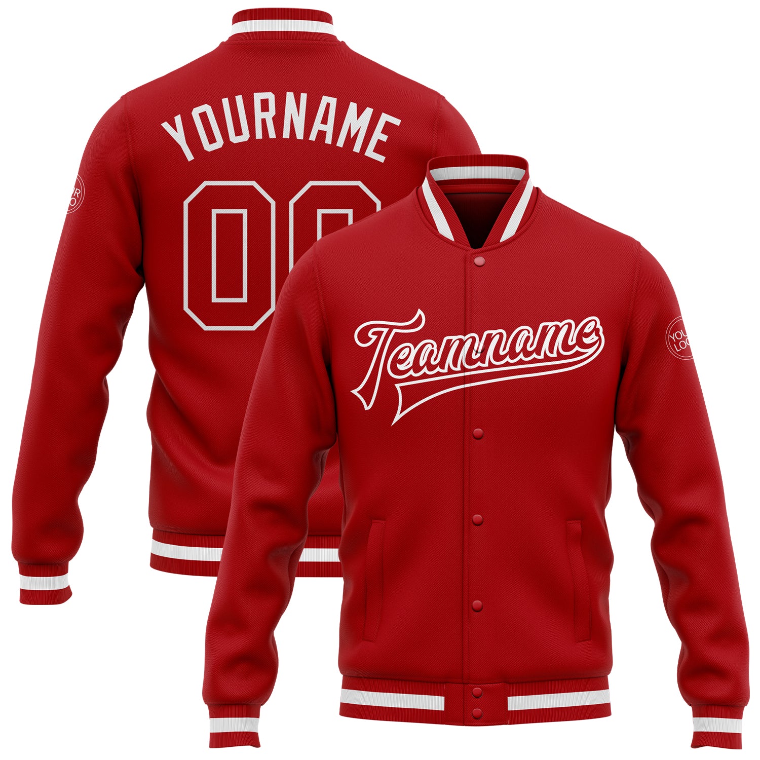 Custom Red White Varsity Letterman Bomber Jacket Full-Snap Mens Outerwear Custom Red Red-White Bomber Full-Snap Varsity Letterman
