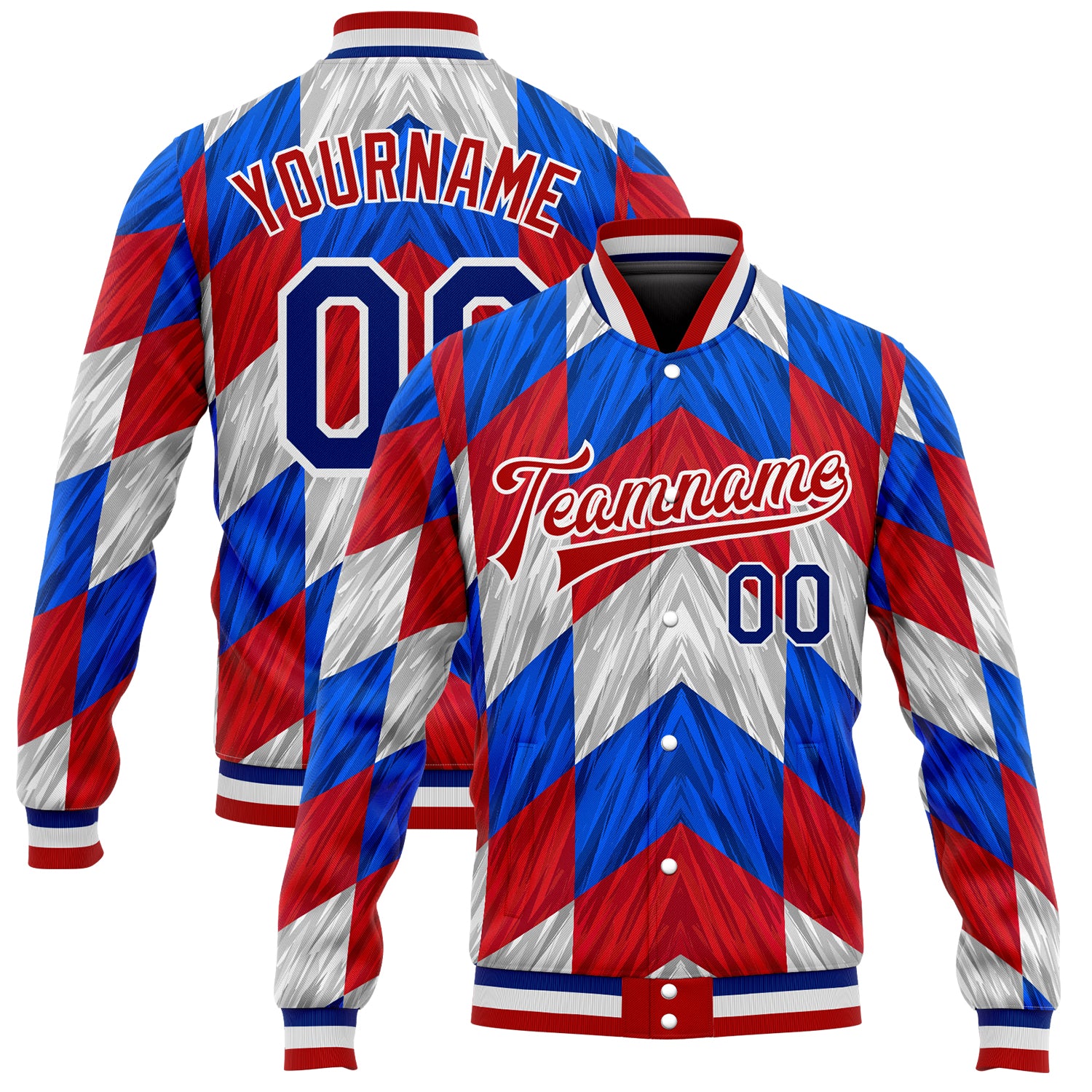 Custom Red and White 3D Pattern Bomber Varsity Letterman Jacket Full-Snap Custom Red Royal-White 3D Pattern Design Bomber