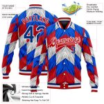 Custom Red and White 3D Pattern Bomber Varsity Letterman Jacket Full-Snap Custom Red Royal-White 3D Pattern Design Bomber
