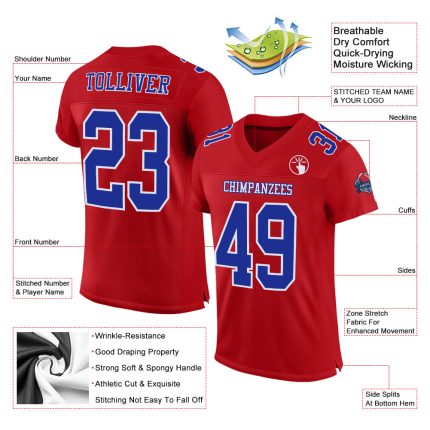 Red Royal-White Authentic Football Jersey - Custom Mesh Design, Perfect for Fans and Players Custom Red Royal-White Mesh
