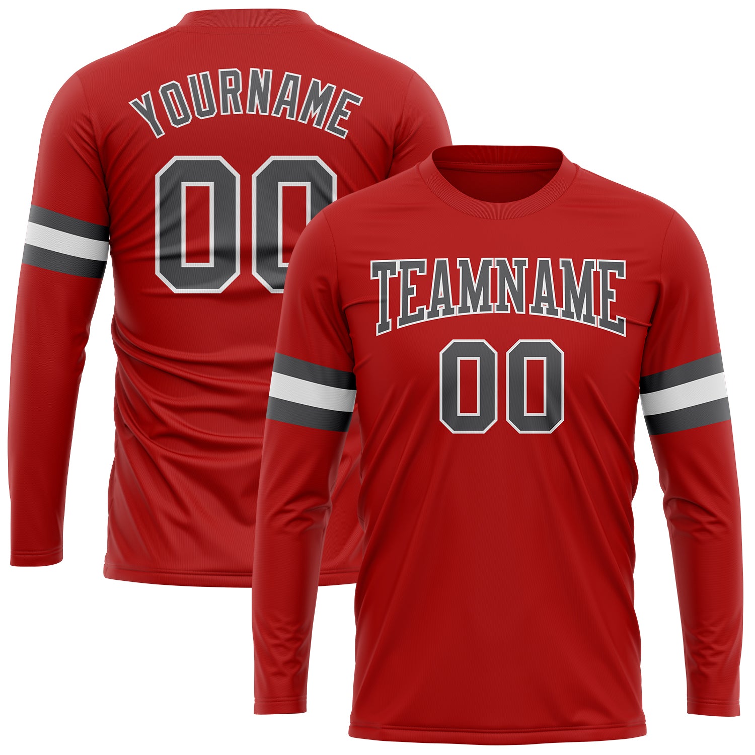 Custom Red Gray White Long Sleeve Performance T-Shirt for Men and Women Custom Red Steel Gray-White Long Sleeve Performance
