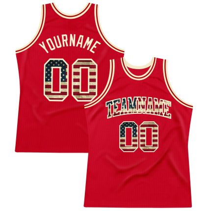 Custom Red Vintage USA Flag Basketball Jersey - Cream Authentic Throwback Style Custom Red Vintage USA Flag-Cream Authentic