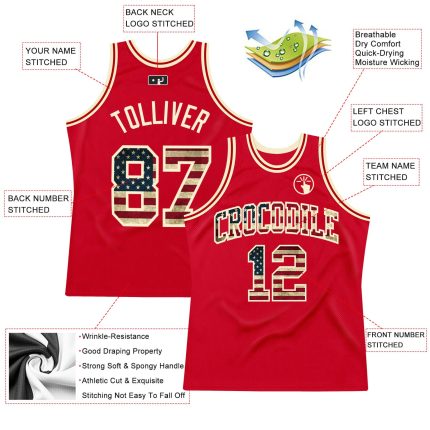 Custom Red Vintage USA Flag Basketball Jersey - Cream Authentic Throwback Style Custom Red Vintage USA Flag-Cream Authentic