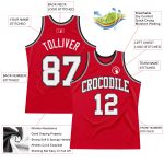 Custom red, white and black throwback basketball jersey, back view