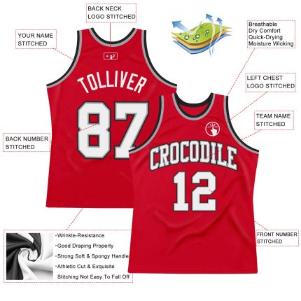 Custom red, white and black throwback basketball jersey, back view