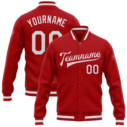 Custom Varsity Letterman Jacket Red White Full-Snap Bomber Style for Men Custom Red White Bomber Full-Snap Varsity Letterman