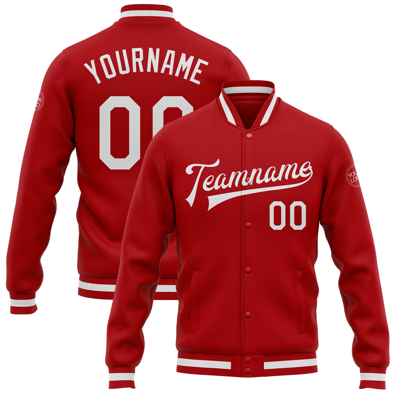 Custom Varsity Letterman Jacket Red White Full-Snap Bomber Style for Men Custom Red White Bomber Full-Snap Varsity Letterman