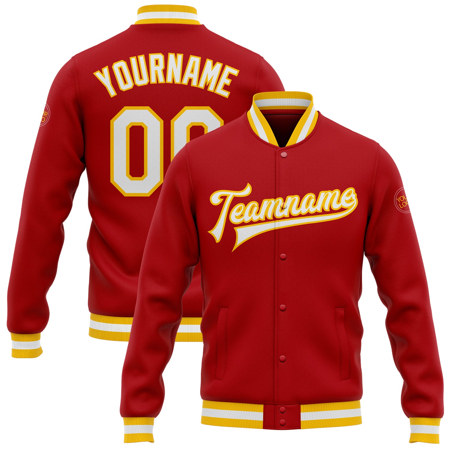 Custom Red White Gold Full-Snap Varsity Letterman Bomber Jacket Custom Red White-Gold Bomber Full-Snap Varsity Letterman