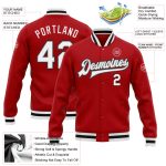 Custom Bomber Varsity Letterman Jacket Red White Gray Black Full-Snap Custom Red White Gray-Black Bomber Full-Snap Varsity