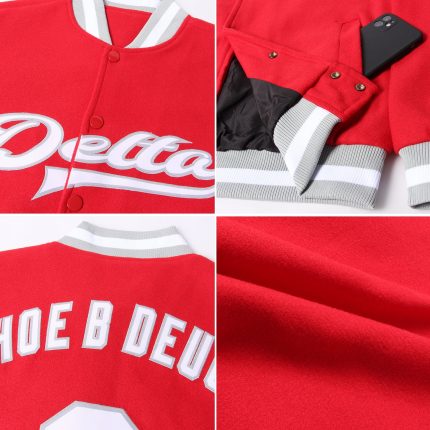 Red White Gray Varsity Letterman Jacket Full-Snap Custom Bomber Style Custom Red White-Gray Bomber Full-Snap Varsity Letterman