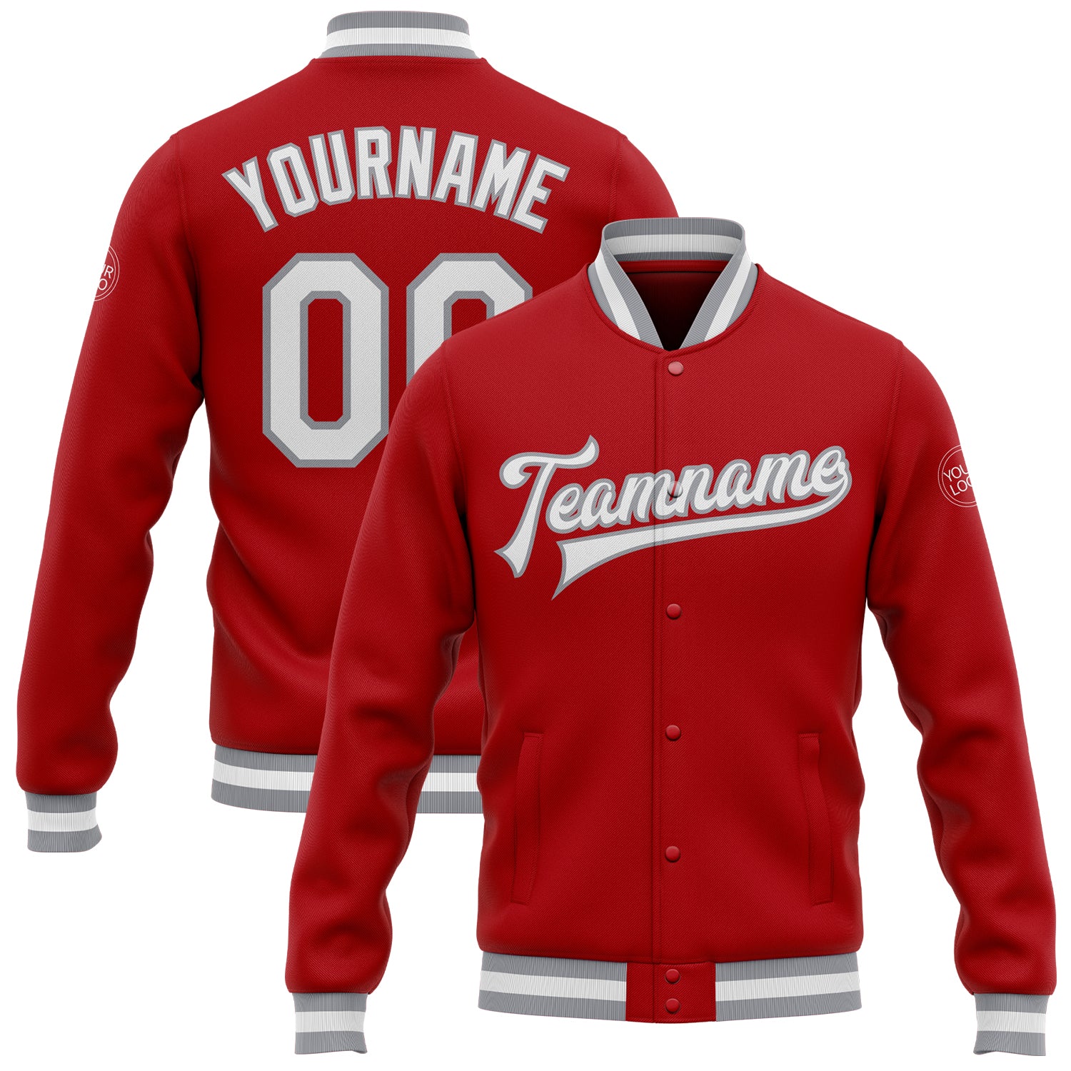 Red White Gray Varsity Letterman Jacket Full-Snap Custom Bomber Style Custom Red White-Gray Bomber Full-Snap Varsity Letterman