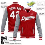Red White Gray Bomber Varsity Letterman Two Tone Jacket Custom Full-Snap Custom Red White-Gray Bomber Full-Snap Varsity Letterman