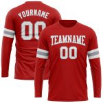 Custom Performance T-Shirt for Men in Red, White, and Gray - Long Sleeve Athletic Tee Custom Red White-Gray Long Sleeve Performance