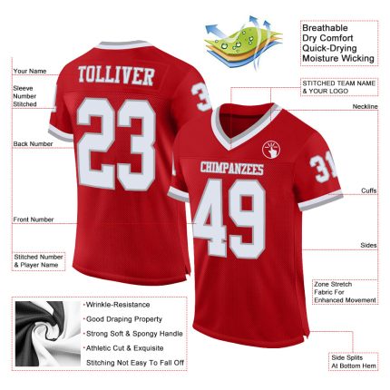 Custom Authentic Football Jersey - Red White Gray Mesh Throwback Design Custom Red White-Gray Mesh Authentic Throwback Football