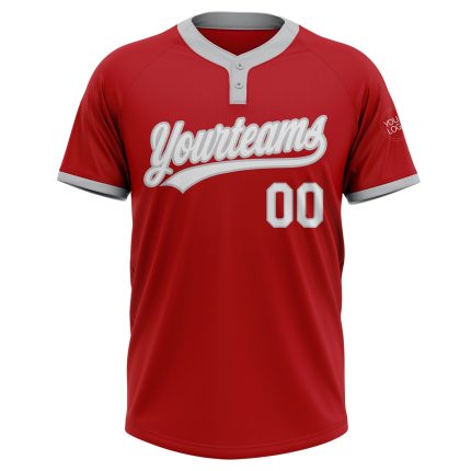 Custom Softball Jersey Unisex Two-Button Red White Gray - Personalized Sports Apparel Custom Red White-Gray Two-Button Unisex