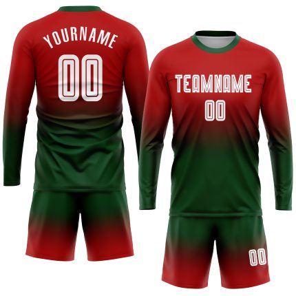 Custom Red Green White Soccer Jersey Long Sleeve Fade Fashion Uniform Custom Red White-Green Sublimation Long Sleeve Fade
