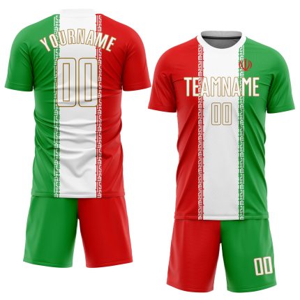 Iranian Flag Soccer Jersey - Custom Red White Kelly Green Old Gold Sublimation Uniform Custom Red White Kelly Green-Old Gold