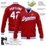 Custom Varsity Letterman Jacket Red White Light Blue Full-Snap Bomber Custom Red White-Light Blue Bomber Full-Snap Varsity