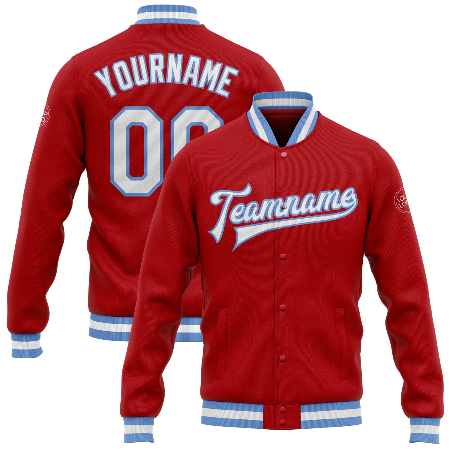 Custom Varsity Letterman Jacket Red White Light Blue Full-Snap Bomber Custom Red White-Light Blue Bomber Full-Snap Varsity