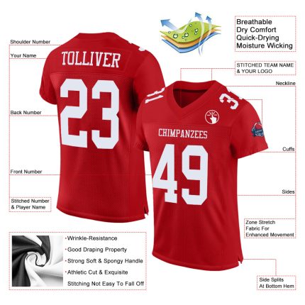 Red White Authentic Custom Football Jersey - Personalized Mesh Design Custom Red White Mesh Authentic Football Jersey