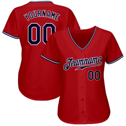 Custom red, white and navy baseball jersey, back view