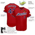 Custom red, white and navy baseball jersey, detail of the printed panel