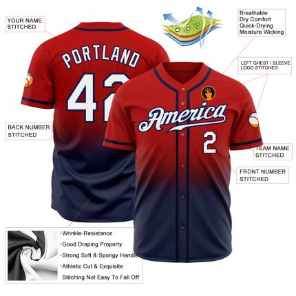 Custom Red Navy Baseball Jersey - Authentic Fade Fashion Design Custom Red White-Navy Authentic Fade Fashion Baseball Jersey