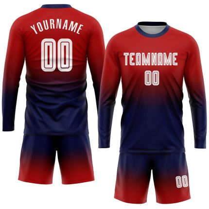 Red White Navy Custom Sublimation Soccer Jersey Long Sleeve Fade Fashion Uniform Custom Red White-Navy Sublimation Long Sleeve