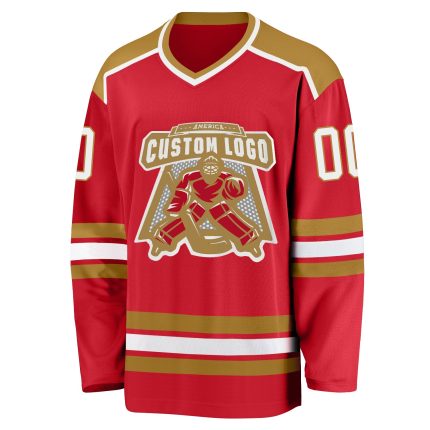 Red White Gold Custom Hockey Jersey - Personalized Team Apparel Custom Red White-Old Gold Hockey Jersey