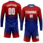 Custom Red White-Royal Fade Soccer Jersey Long Sleeve Sublimation Uniform Custom Red White-Royal Sublimation Long Sleeve
