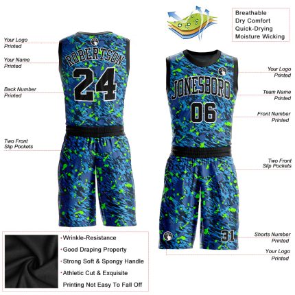 Custom Black Neon Green Music Festival Jersey Round Neck Sublimation Basketball Suit Custom Royal Black-Neon Green Music