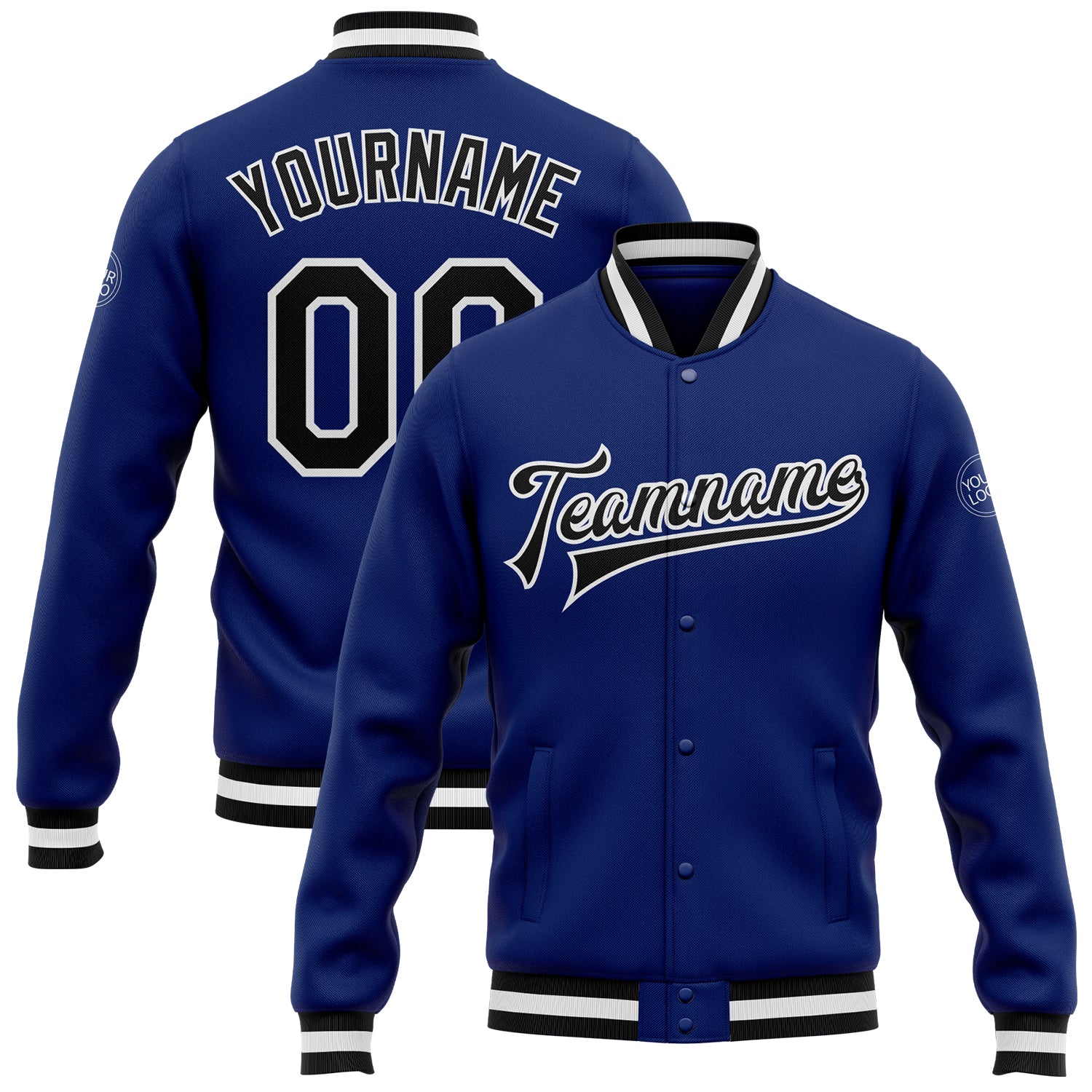 Custom Black White Varsity Letterman Bomber Jacket Full-Snap for Men and Women Custom Royal Black-White Bomber Full-Snap