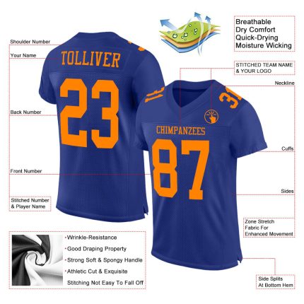 Custom Blaze Orange Mesh Football Jersey - Authentic Custom Design Custom Royal Blaze Orange Mesh Authentic Football Jersey