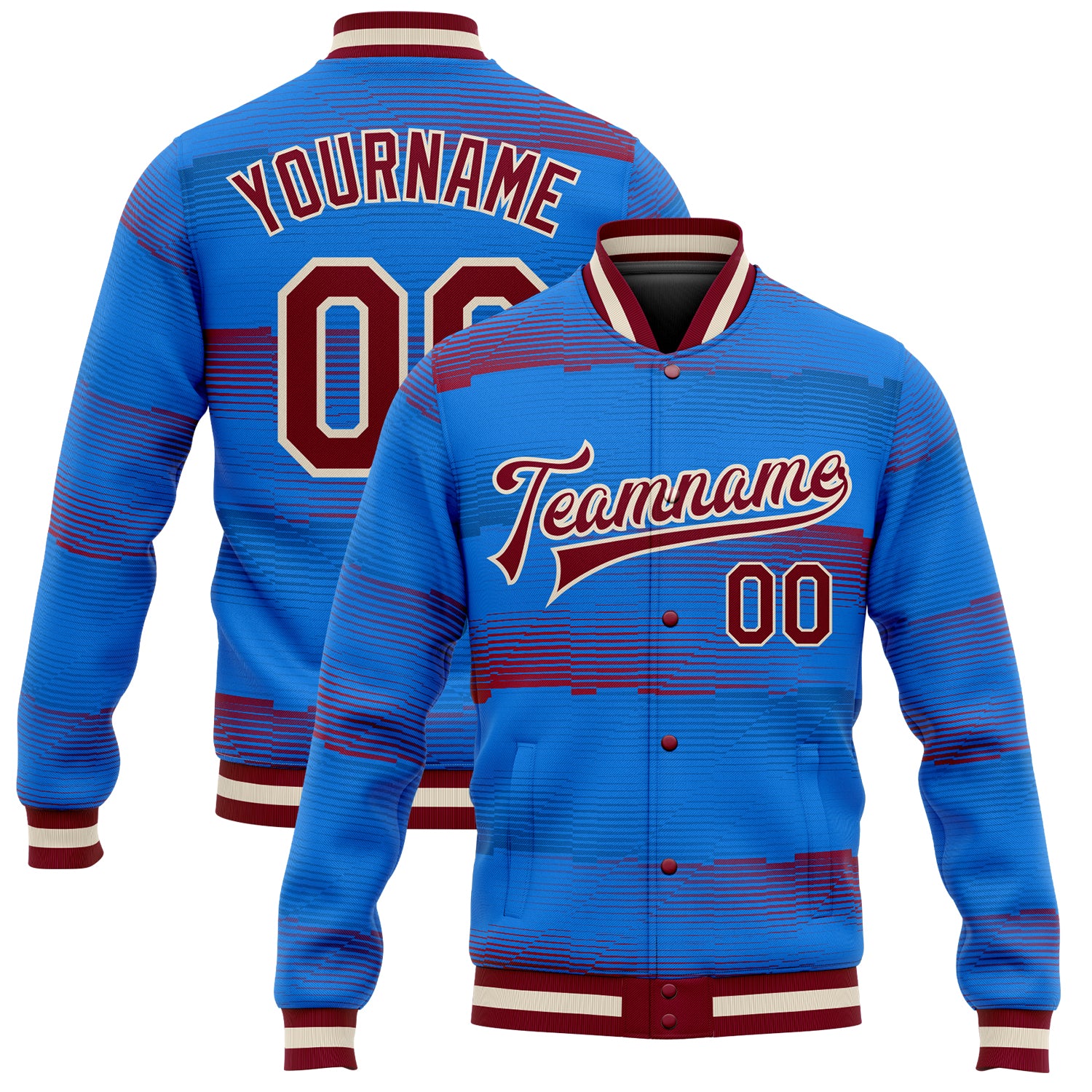 Custom Royal Crimson-Cream 3D Pattern Design Bomber Full-Snap Varsity Letterman Jacket Custom 3D Pattern Varsity Letterman Jacket in Royal Crimson Cream, Full-Snap Bomber Style Custom Royal Crimson-Cream 3D Pattern