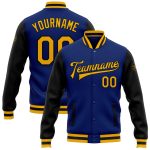 Custom Gold Black Bomber Jacket Varsity Letterman Full-Snap Two Tone Custom Royal Gold-Black Bomber Full-Snap Varsity Letterman