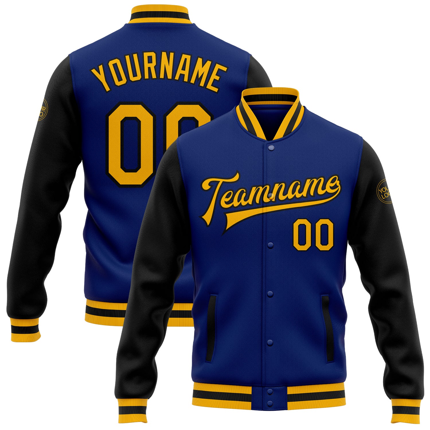 Custom Gold Black Bomber Jacket Varsity Letterman Full-Snap Two Tone Custom Royal Gold-Black Bomber Full-Snap Varsity Letterman