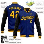 Custom Gold Black Bomber Jacket Varsity Letterman Full-Snap Two Tone Custom Royal Gold-Black Bomber Full-Snap Varsity Letterman