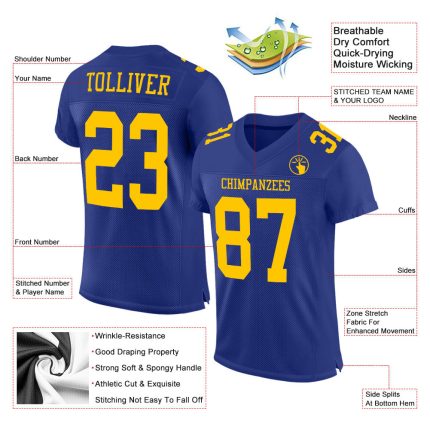 Royal Gold Authentic Football Jersey - Customizable Mesh Design Custom Royal Gold Mesh Authentic Football Jersey
