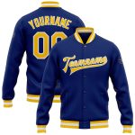 Royal Gold White Varsity Letterman Bomber Jacket Custom Full-Snap Design Custom Royal Gold-White Bomber Full-Snap Varsity