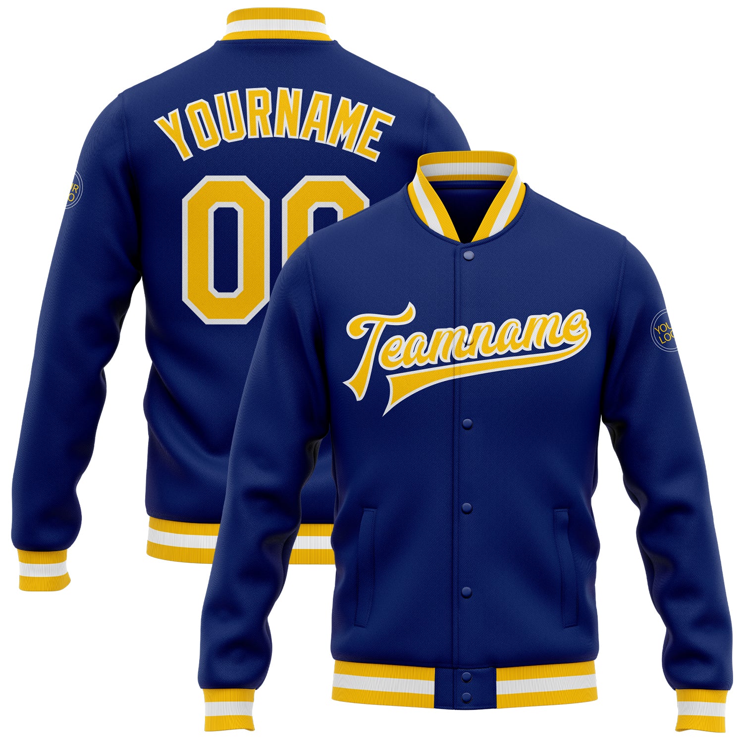 Royal Gold White Varsity Letterman Bomber Jacket Custom Full-Snap Design Custom Royal Gold-White Bomber Full-Snap Varsity
