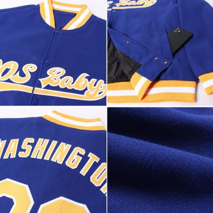 Royal Gold White Varsity Letterman Bomber Jacket Custom Full-Snap Design Custom Royal Gold-White Bomber Full-Snap Varsity