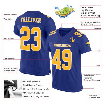 Royal Gold-White Custom Football Jersey - Authentic Mesh Design Custom Royal Gold-White Mesh Authentic Football Jersey