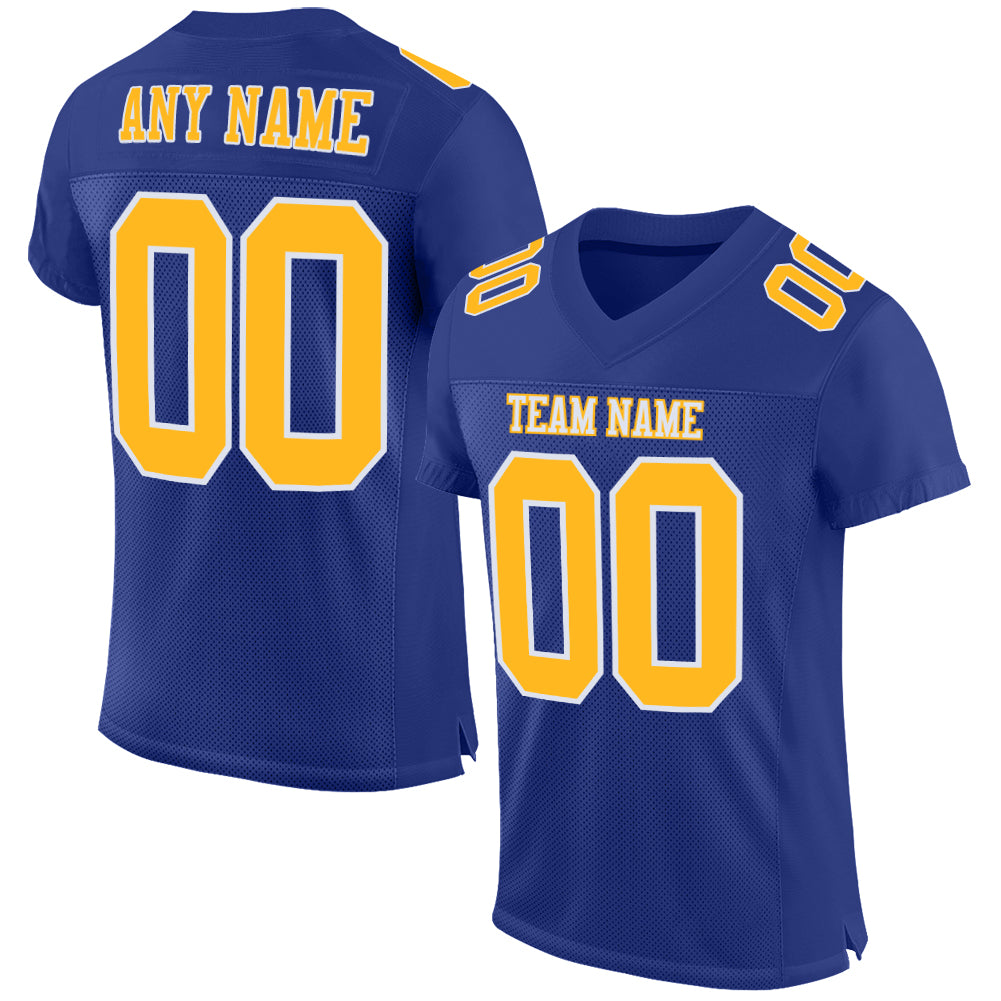 Royal Gold-White Custom Football Jersey - Authentic Mesh Design Custom Royal Gold-White Mesh Authentic Football Jersey