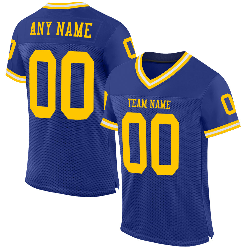 Custom Royal Gold-White Mesh Authentic Throwback Football Jersey Royal Gold and White Custom Authentic Throwback Football Jersey - Mesh Design Custom Royal Gold-White Mesh Authentic Throwback