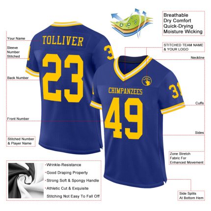 Royal Gold and White Custom Authentic Throwback Football Jersey - Mesh Design Custom Royal Gold-White Mesh Authentic Throwback